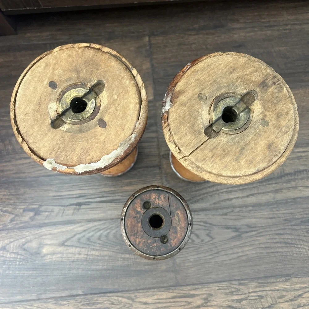 3-Vtg Wood Spool Candle Sticks Metal Accents Rustic Primitive Farmhouse Salvaged
